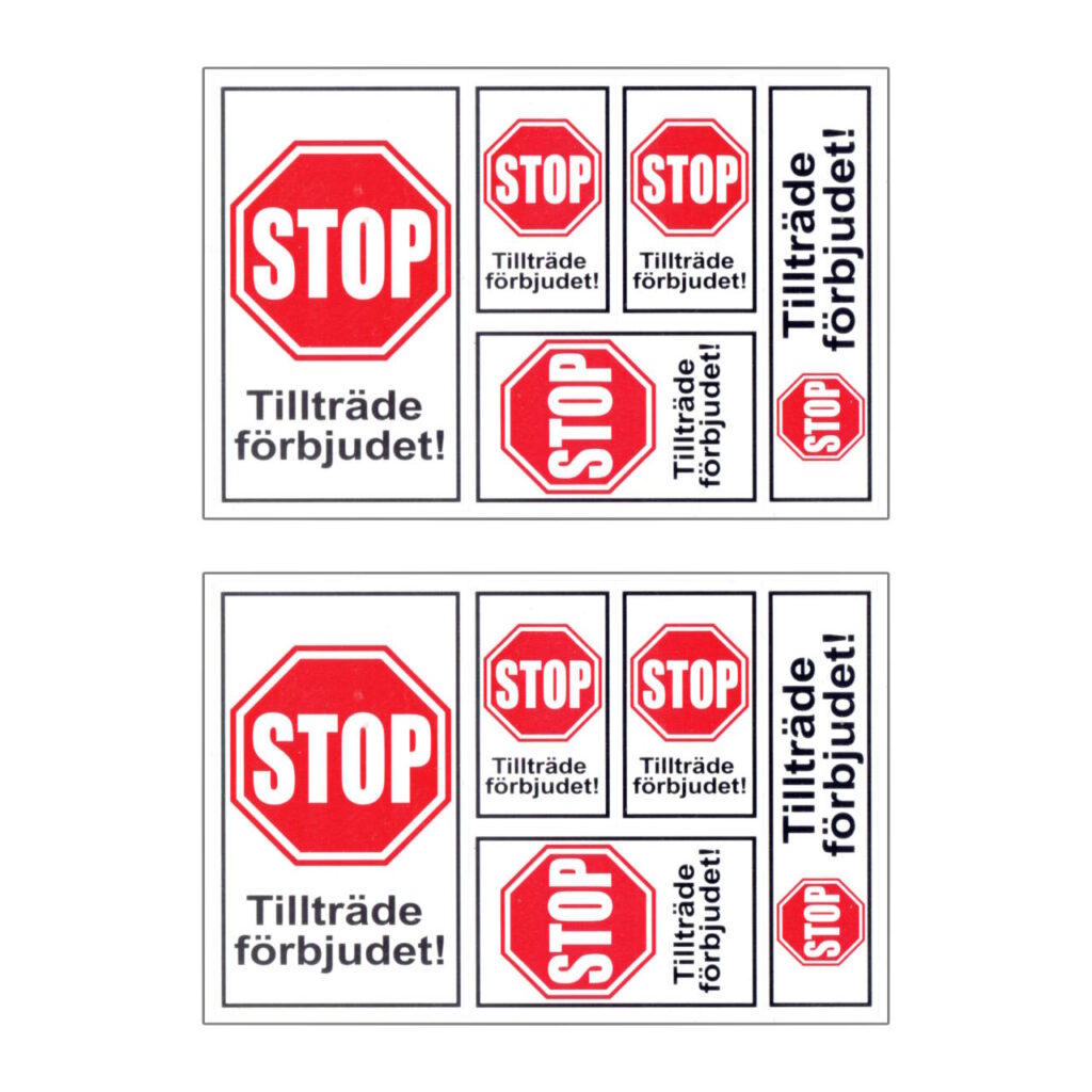 STOP Tillträde förbjudet-dekaler (2 st 8 x 12 cm ark) - klister baksida